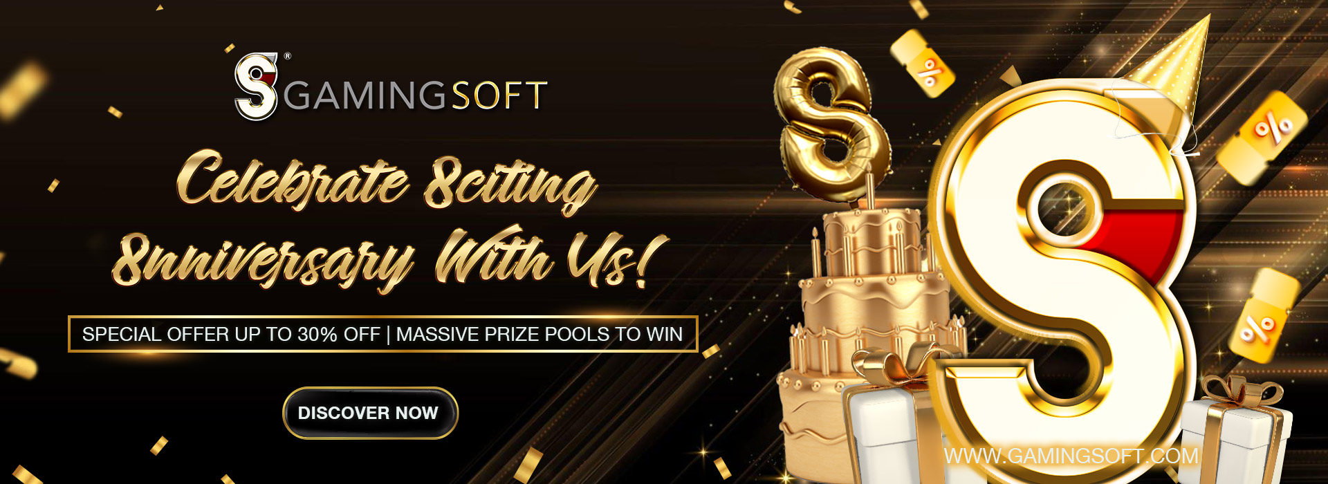 Celebrate exciting 8th anniversary with us Web Banner - GamingSoft