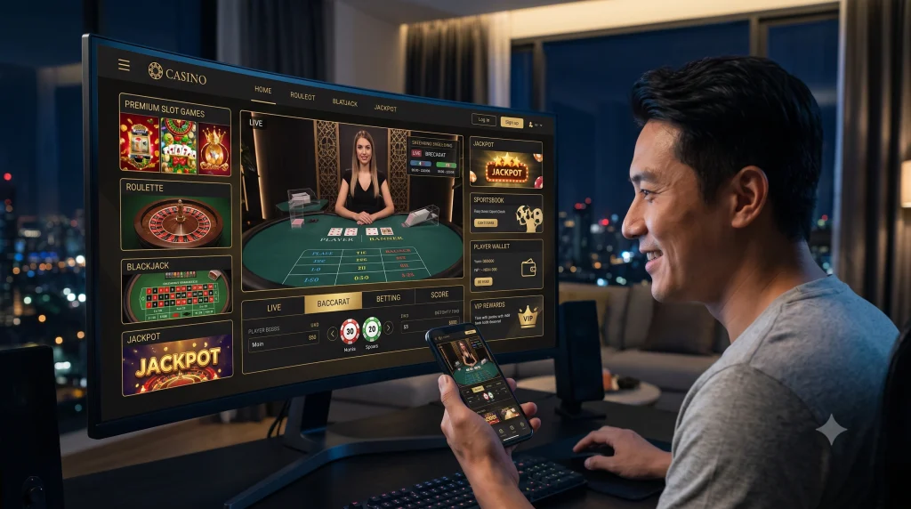Asian player using online casino software with live casino games and sportsbook