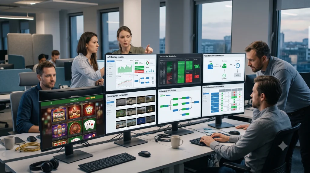 Software engineers reviewing casino API integration for an online casino platform